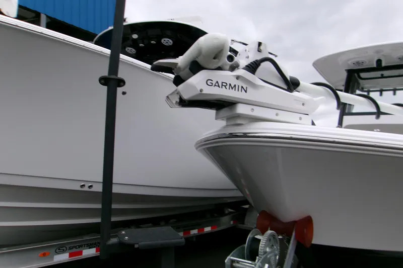 Slide: The Image of 2024 Sportsman Masters 267OE Bay Boat with Garmin equipment on trailer. - 3