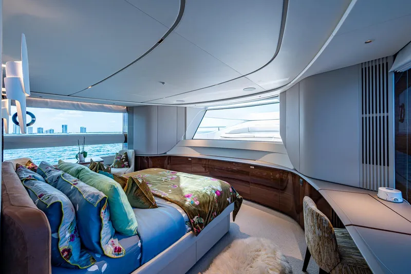 Slide: The Image of Luxurious bedroom interior on 2022 Princess X95 yacht with ocean view and elegant decor. - 111