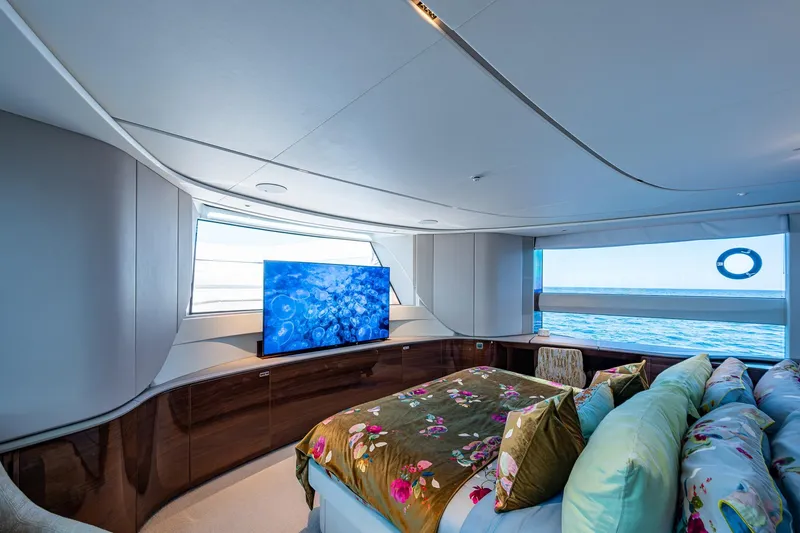 Slide: The Image of Luxurious bedroom interior of 2022 Princess X95 yacht with ocean view and modern decor. - 116