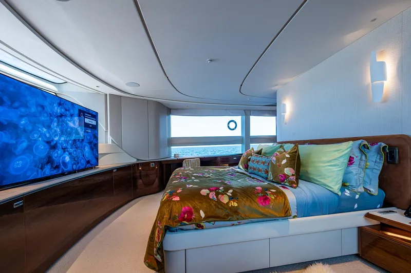 Slide: The Image of Luxurious bedroom interior of 2022 Princess X95 yacht with ocean view and modern decor. - 119