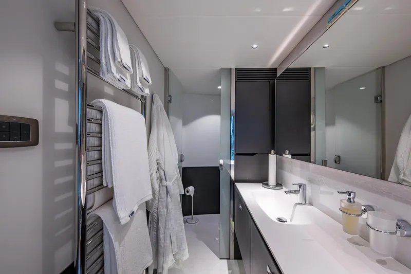 Slide: The Image of Luxurious bathroom in 2022 Princess X95 yacht with modern fixtures and elegant design. - 123