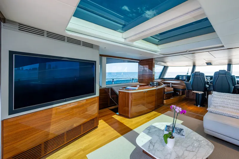 Slide: The Image of Luxurious 2022 Princess X95 yacht interior with modern design, featuring a large TV and panoramic windows. - 41