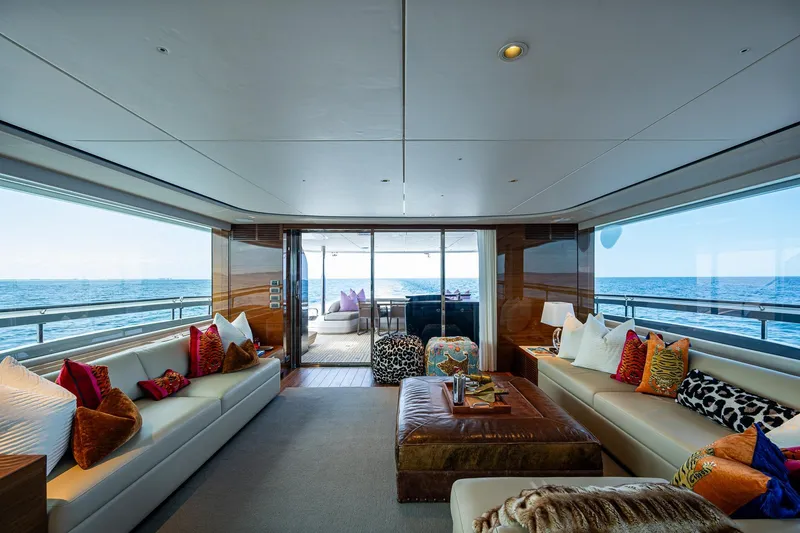 Slide: The Image of Luxurious interior of 2022 Princess X95 yacht with ocean view, featuring elegant seating and decor. - 76