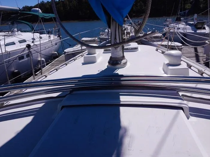 Slide: The Image of Deck of a 1973 Allied Mistress sailboat in harbor. - 21