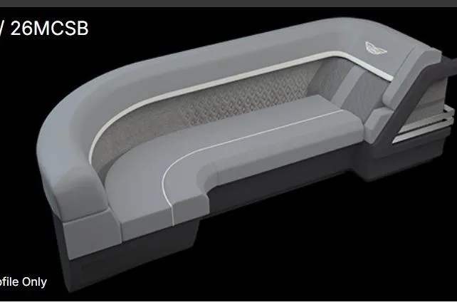 Slide: The Image of 2026 Bennington 26 MCSB boat seating, featuring sleek gray upholstery and modern design. - 2