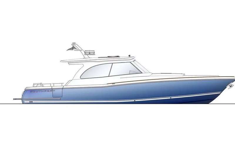 The Image of 2026 Southport 42DC boat side view, sleek design with blue hull. - 1