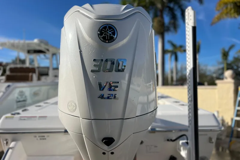 Slide: The Image of 2024 Everglades 243 Center Console with 300 V6 4.2L engine, outdoor setting. - 3