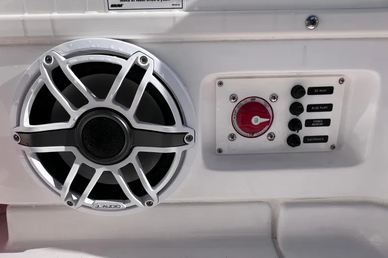 Slide: The Image of Speaker and control panel on 2024 Everglades 243 Center Console boat. - 30