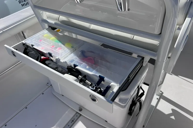 Slide: The Image of 2024 Everglades 243 Center Console boat with organized fishing tackle storage. - 36