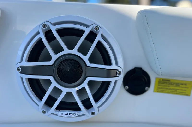 Slide: The Image of Close-up of JL Audio speaker on 2024 Everglades 243 Center Console boat. - 73