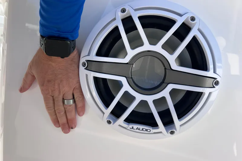 Slide: The Image of Close-up of JL Audio speaker on 2024 Everglades 243 Center Console boat. - 74