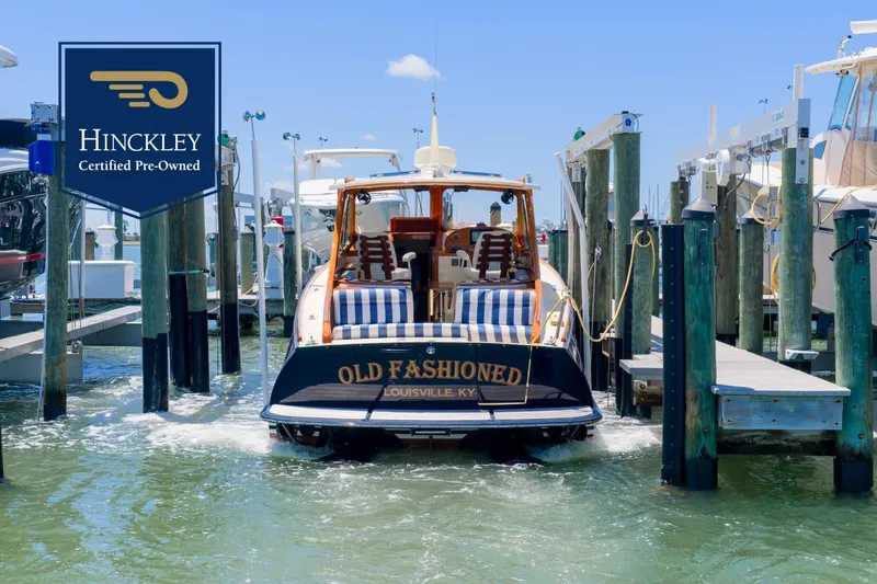 The Image of Hinckley Picnic Boat 34 MKII, 2020 model, docked with "Old Fashioned" nameplate, certified pre-owned. - 0