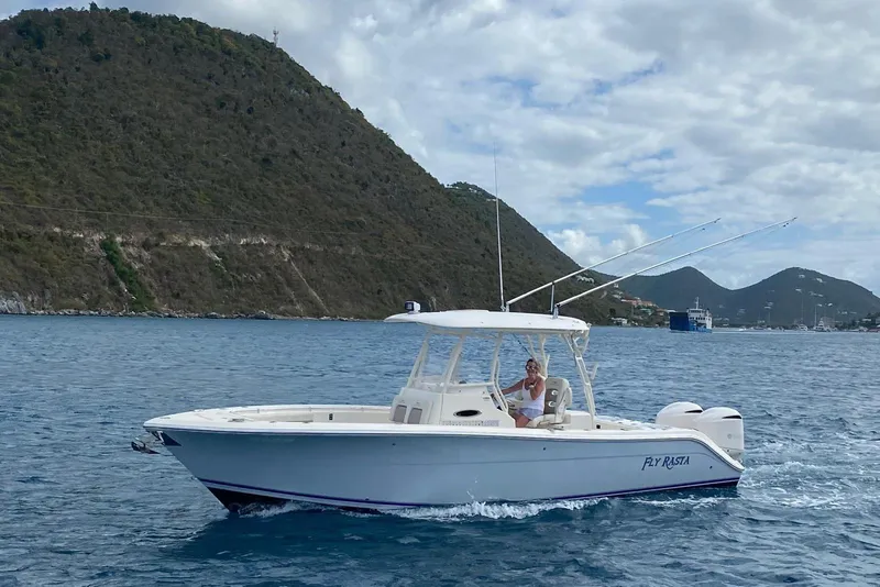 The Image of 2017 Cobia 296 Center Console boat cruising near scenic coastal hills. - 1