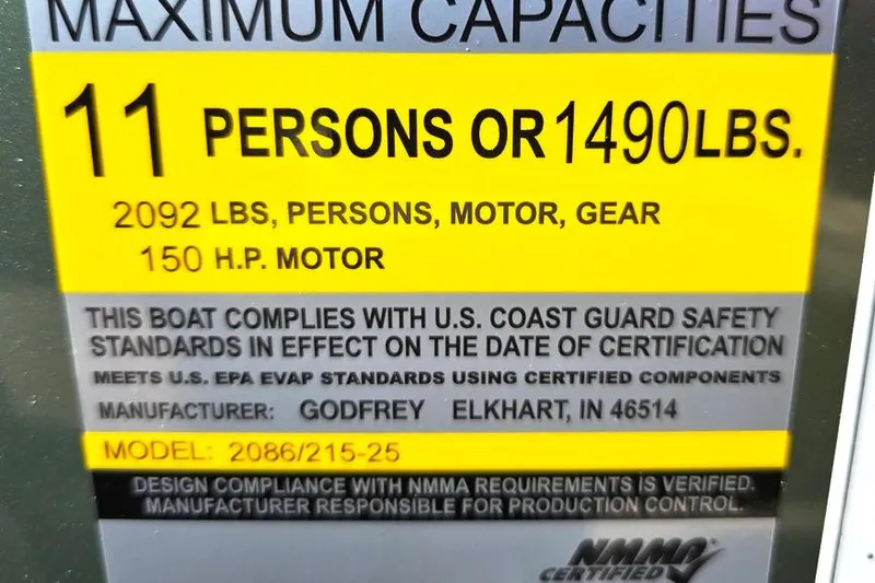 Slide: The Image of Sweetwater 2086 CRUISE 2026 boat capacity label: 11 persons, 1490 lbs, 150 HP motor. - 11