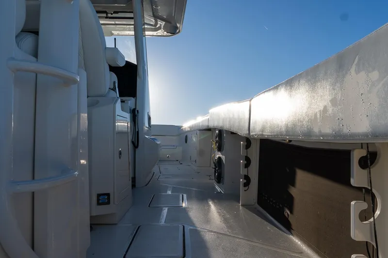 Slide: The Image of 2022 World Cat 400 CC-X boat interior with sleek design and modern features. - 43