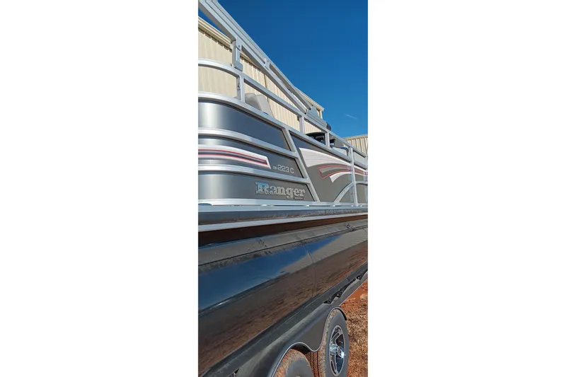 Slide: The Image of 2023 Ranger Reata 223C boat, side view with sleek design and modern detailing. - 8
