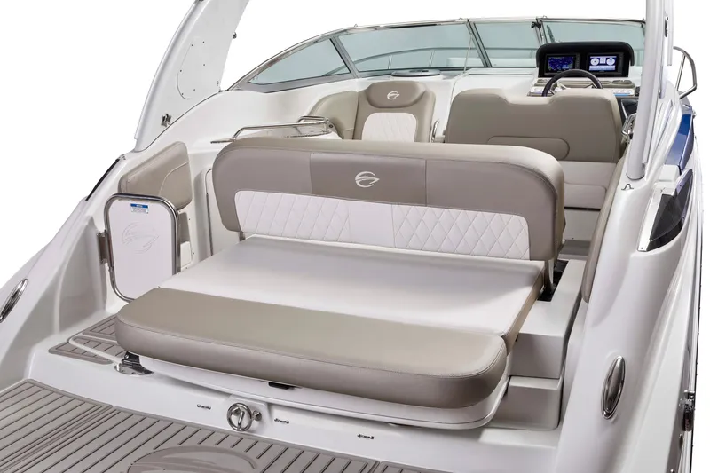 Slide: The Image of 2026 Crownline 270 CR boat interior with luxurious seating and modern dashboard. - 16