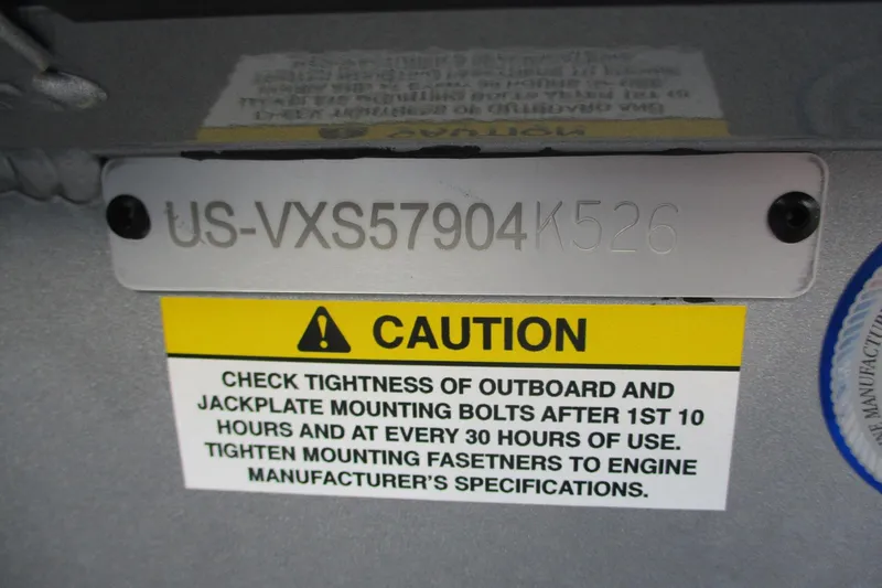 Slide: The Image of Hull identification number and caution label on 2026 Vexus AVX2080 boat. - 23