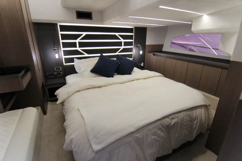 Slide: The Image of Luxurious bedroom interior of 2021 Galeon 425 HTS yacht with modern design elements. - 17