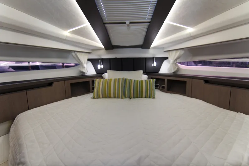 Slide: The Image of Luxurious interior of 2021 Galeon 425 HTS yacht with cozy bed and modern design. - 19