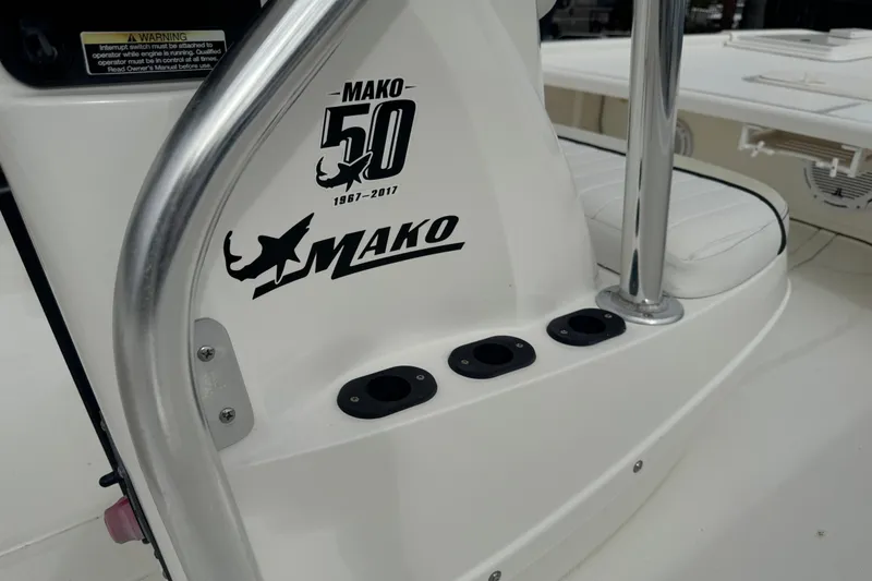 Slide: The Image of 2017 Mako Pro Skiff 19 CC boat interior with 50th anniversary logo. - 35