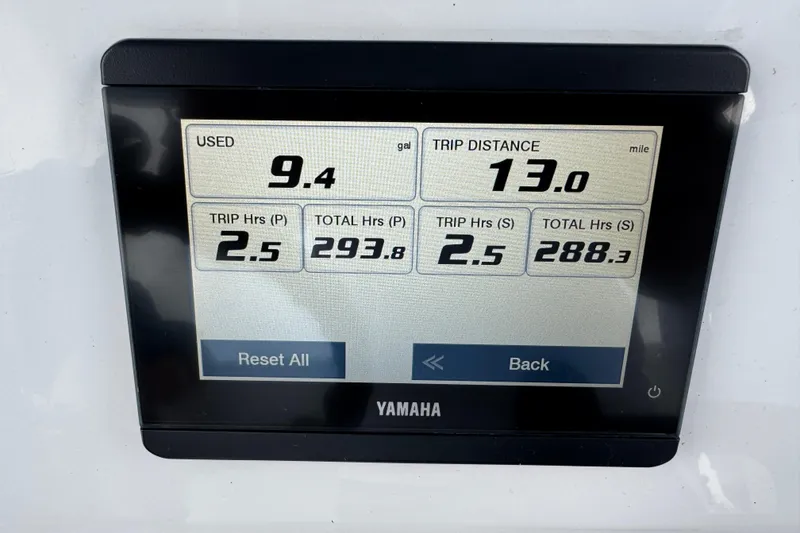 Slide: The Image of Yamaha display showing fuel usage and trip data for 2024 Contender 30 Tournament boat. - 37