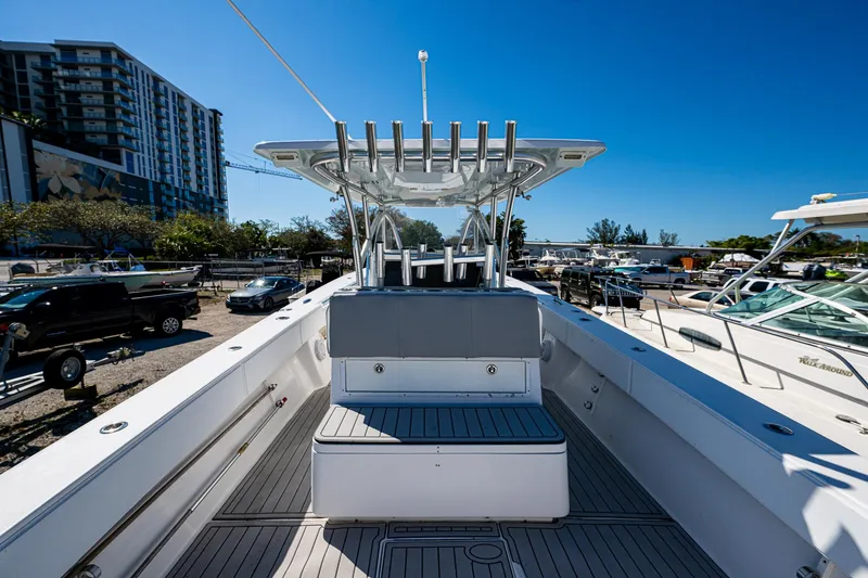 Slide: The Image of 2015 SeaHunter 37 Tournament boat with spacious deck and modern design. - 4