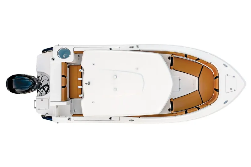 Slide: The Image of Manufacturer Provided Image: 2025 Robalo R230 Center Console boat, top view, white hull, tan seating, outboard motor. - 9