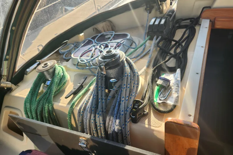 Slide: The Image of Sailing ropes and winches on a 2006 Island Packet 370 yacht deck. - 13
