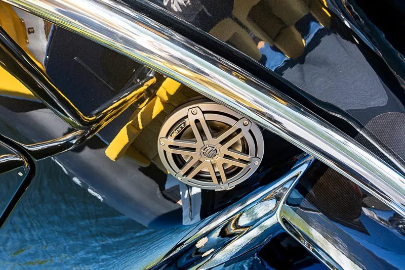 Slide: The Image of Close-up of 2025 SACS Strider 11 boat speaker and sleek design details. - 18