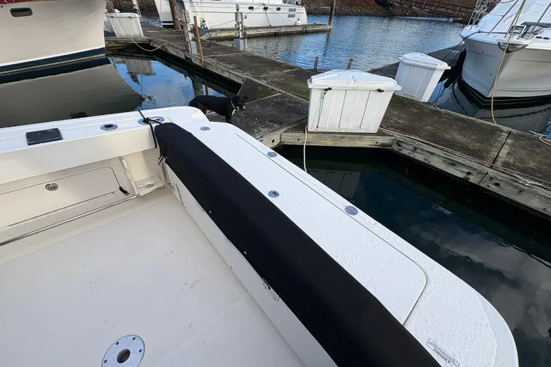 Slide: The Image of 2009 Sea Ray 290 Amberjack at dock, featuring spacious deck and nearby boats. - 34