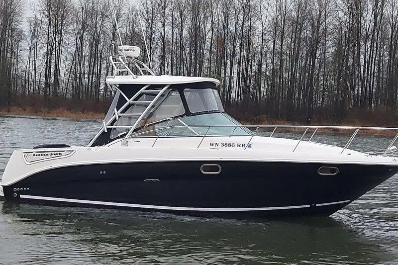 Slide: The Image of 2009 Sea Ray 290 Amberjack boat on a calm river with forested background. - 5