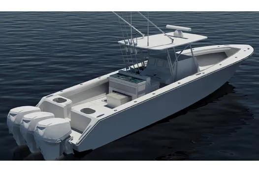 Slide: The Image of Manufacturer Provided Image: 2015 SeaHunter 41 Tournament boat with triple outboard engines on calm water. - 85