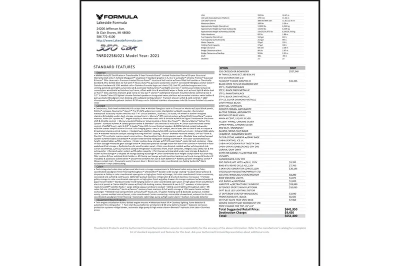 Slide: The Image of 2021 Formula 350 Crossover Bowrider I/O specifications and pricing details sheet. - 20