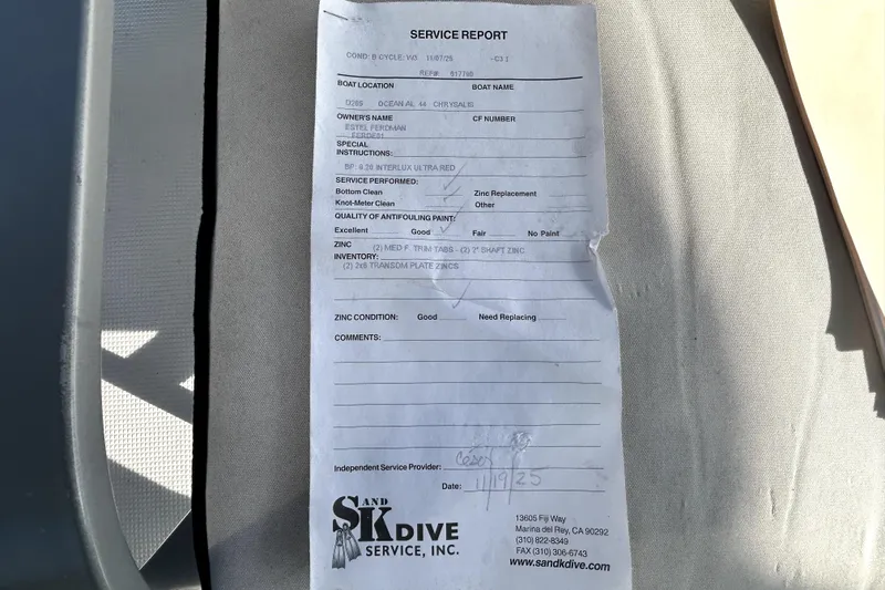 Slide: The Image of Service report for 1989 Ocean Alexander 44 CPMY, detailing maintenance and zinc condition. - 40