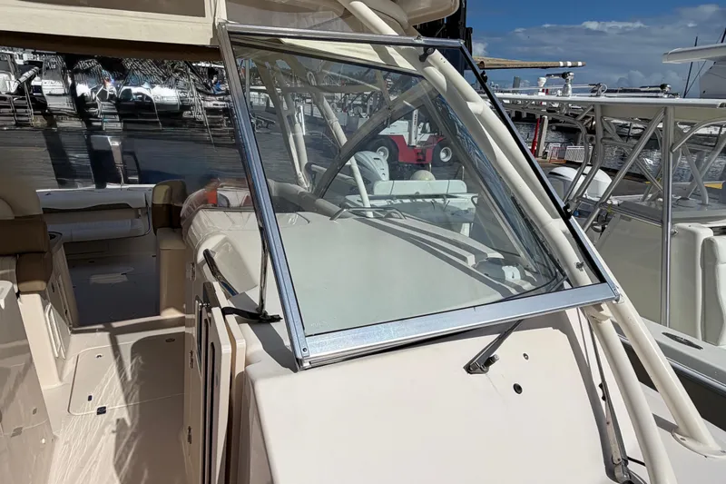 Slide: The Image of Interior view of 2013 Grady-White Freedom 335 boat ceiling with two hatches. - 102