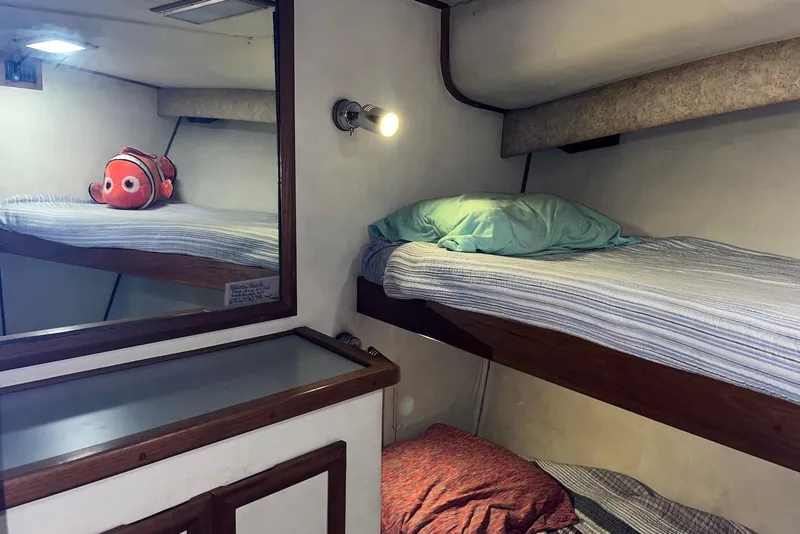 Slide: The Image of 1989 Topaz 44 Sportfisherman cabin with bunk beds and plush toy. - 16