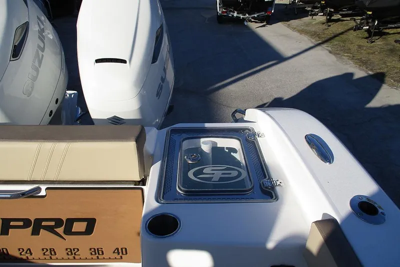 Slide: The Image of 2026 Sea Pro 292 Offshore boat with dual Suzuki engines and fishing features. - 34