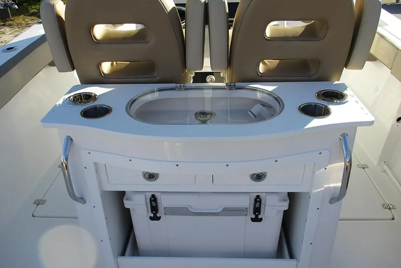 Slide: The Image of 2026 Sea Pro 292 Offshore boat interior with seating and storage compartments. - 40