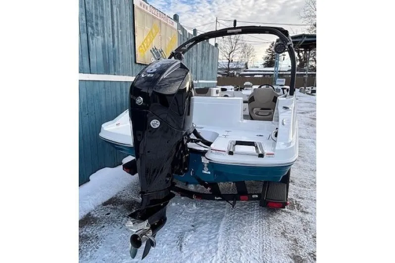 Slide: The Image of 2025 Tahoe 2150 boat with powerful outboard motor on snowy ground. - 4