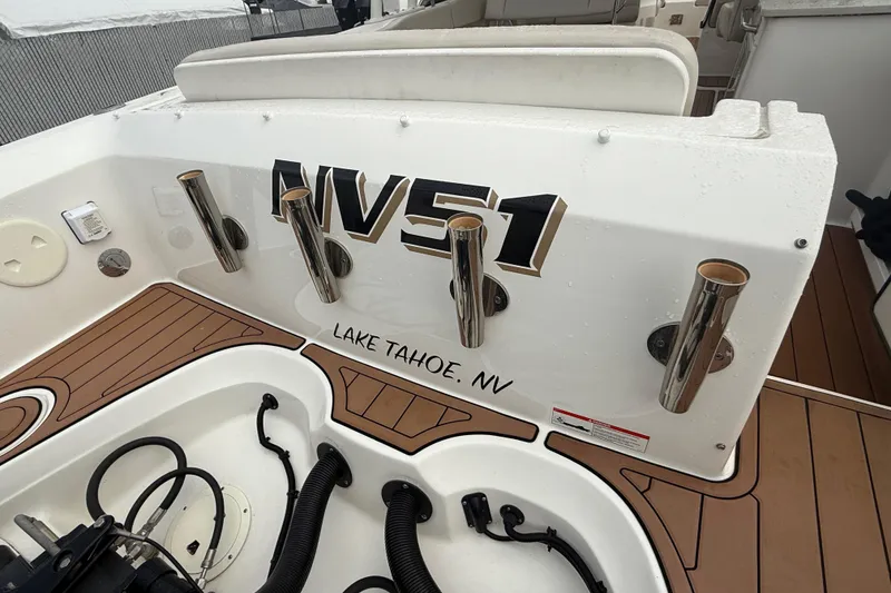 Slide: The Image of 2018 Boston Whaler 270 Vantage boat deck with rod holders, Lake Tahoe, NV. - 5