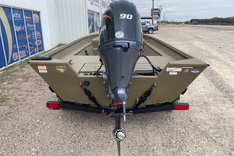 Slide: The Image of 2026 G3 Gator Tough 18 CC boat with 90 HP outboard motor on trailer. - 5