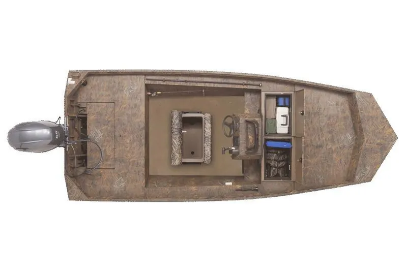 Slide: The Image of Manufacturer Provided Image: Top view of 2026 G3 Gator Tough 17 CCJ boat with camo design and outboard motor. - 8