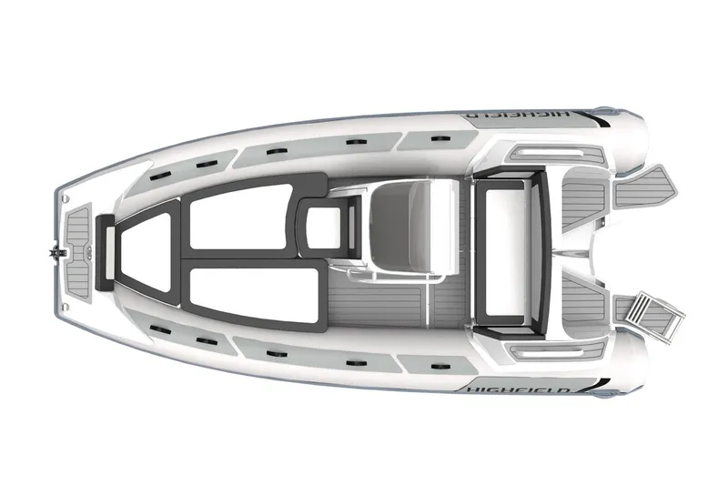 Slide: The Image of Manufacturer Provided Image: Top view of 2021 Highfield Sport 520 inflatable boat, sleek design, white and gray color scheme. - 13