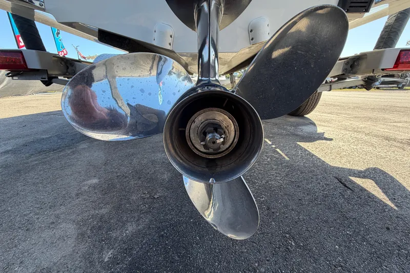 Slide: The Image of Close-up of a 2013 Sea Hunt XP 19 boat propeller on a trailer. - 6