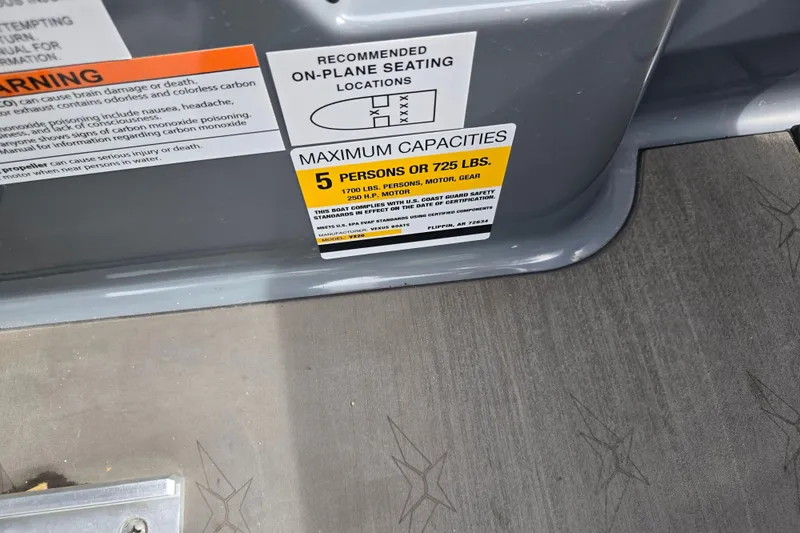 Slide: The Image of 2022 Vexus VX20 boat capacity label, maximum 5 persons or 725 lbs, safety warnings visible. - 13