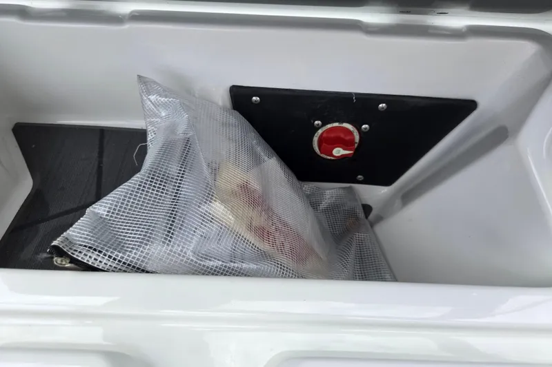 Slide: The Image of Storage compartment in 2022 ATX Surf Boats 20 Type-S with mesh bag and red valve. - 15