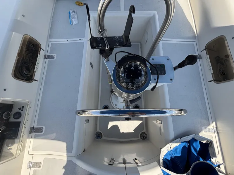 Slide: The Image of Cockpit of 1982 Norseman 447 sailboat with steering wheel and compass. - 22
