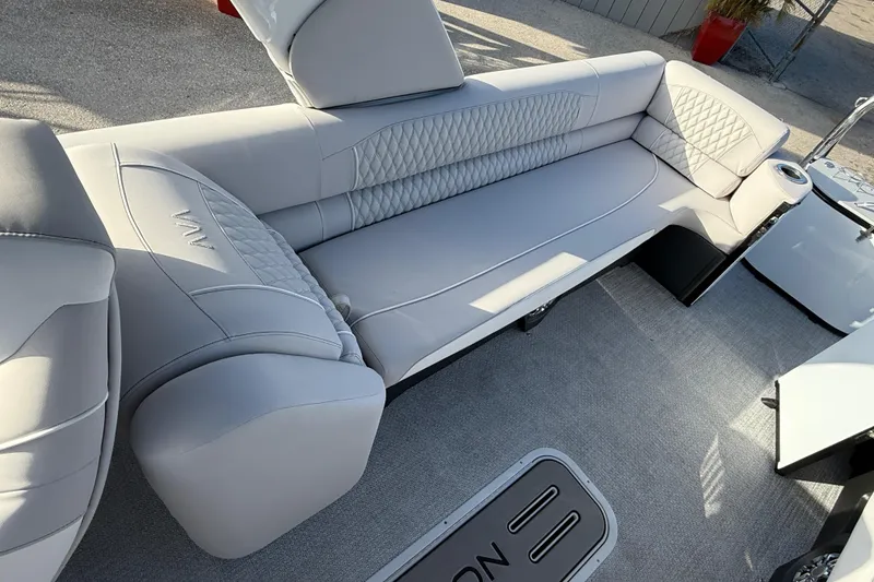 Slide: The Image of Luxurious seating on 2026 Avalon 2585 Catalina Windshield Quad Lounger with premium upholstery. - 22
