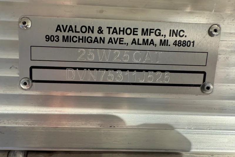 Slide: The Image of 2026 Avalon Catalina boat identification plate with manufacturer details and serial number. - 29